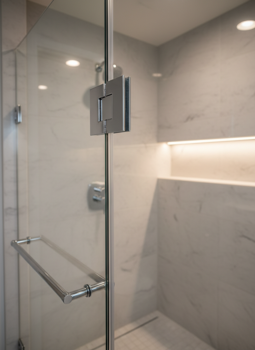 A detailed close-up of a high-quality glass shower enclosure in a luxury hotel-style bathroom, showcasing precision-engineered hinges, wall brackets, and a sleek towel bar handle in polished chrome. The clear glass door meets a fixed panel with flawless alignment, sealed by slim, transparent gaskets. Warm, diffused ceiling lights and a concealed LED strip above the niche create soft reflections and crisp highlights on the metal surfaces. Photographed at an eye-level three-quarter angle with shallow depth of field, the composition keeps the hardware razor-sharp while the marble wall tiles and floor gently blur. The overall feel is hygienic, sophisticated, and meticulously crafted, ideal for premium interior projects.