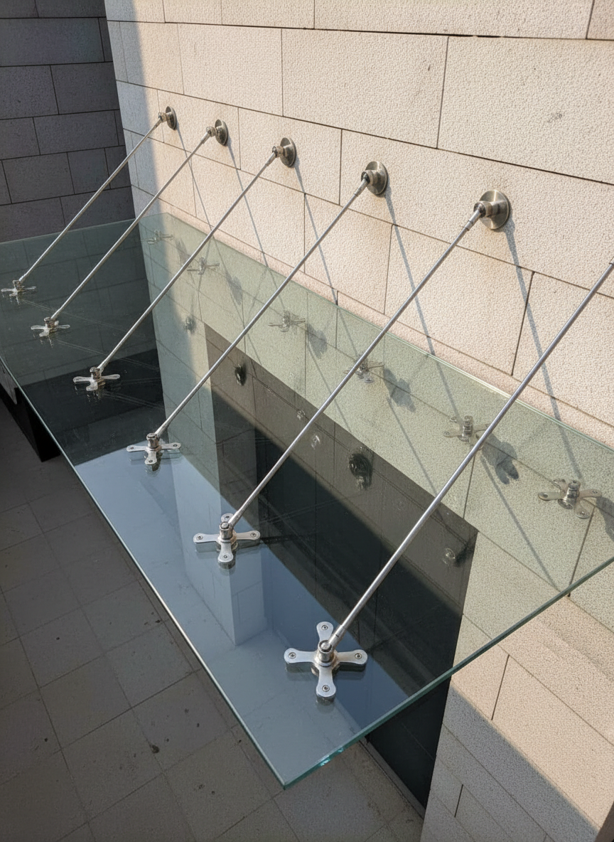 An overhead, three-quarter photographic view of a minimalist glass canopy system above an upscale building entrance in India, supported by stainless-steel spider fittings, tension rods, and wall brackets. Thick laminated glass panels project from the façade, each anchored by carefully machined, satin-finished spiders that catch the light. Late morning sunlight creates bright specular highlights on the hardware and soft shadows beneath the canopy on the stone-clad wall. The composition emphasizes the geometric rhythm of the fittings and bolts, with the building façade forming a clean, neutral backdrop. The mood is technical yet elegant, showcasing structural capability and refined design of exterior glass hardware.