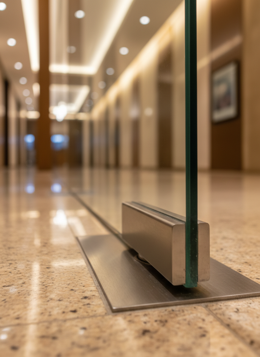 An ultra-close-up photograph of a heavy-duty glass door floor spring and bottom patch fitting installed at the base of a tall, frameless glass door in a luxury Mumbai office tower. The brushed stainless-steel cover plate sits flush within a polished granite floor, with precise alignment along the grout lines. Overhead warm lobby lighting creates soft highlights along the brushed grain and a subtle glow on the glass edge. Captured from a low, side angle with shallow depth of field, the focus is on the crisp engineering, tight tolerances, and craftsmanship of the hardware, while the rest of the corridor fades into a smooth, elegant blur.