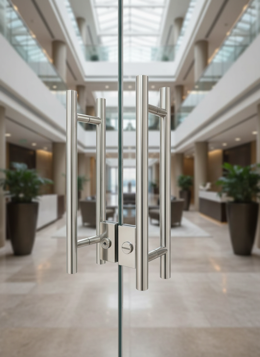 A set of premium stainless-steel glass door handles and patch fittings mounted on a frameless clear-glass entrance, showcasing impeccable machining and mirror-polished edges. The glass panels rise from a seamless stone floor typical of high-end Indian corporate lobbies. Soft, diffused daylight streams through from a large atrium, creating crisp reflections on the metal and subtle shadows on the floor. Shot at eye level with a slight angle, the foreground fittings are in sharp focus while the lobby background gently blurs, emphasizing product detail. The mood is professional, luxurious, and contemporary, captured with photographic realism suitable for a B2B glass hardware brand.