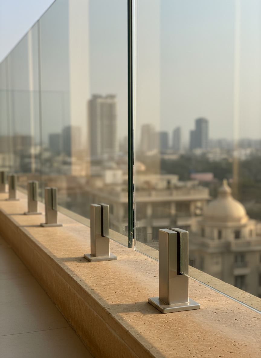 A frameless glass railing system on a high-rise luxury residential balcony in India, featuring robust base shoe channels and discreet glass clamps in satin-finished stainless steel. The clear glass panels rise directly from a textured stone ledge, revealing a softly blurred cityscape beyond. Late afternoon golden light grazes the metal surfaces, accentuating chamfered edges and clean screw covers, while casting delicate shadows on the floor. Shot from a low, outward-looking angle, the camera focuses on the base hardware and lower third of the glass, with the skyline subtly out of focus. The mood is premium, secure, and aspirational, highlighting both safety and sophistication of the fittings.