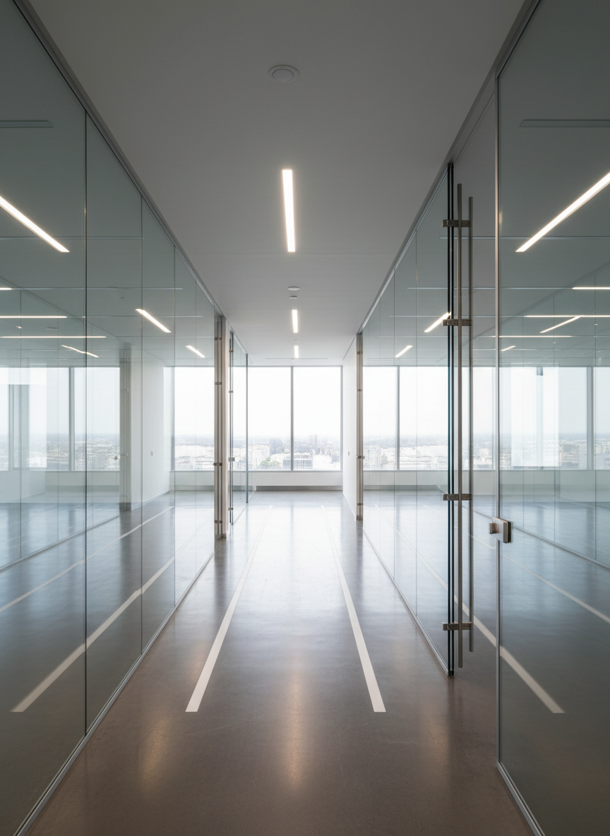A long corridor of a premium commercial building lined with full-height glass partitions fixed using minimalist stainless-steel brackets, point fittings, and top patch fittings. The clear tempered glass panels meet seamlessly, supported by sleek hardware that appears almost weightless. Natural daylight from one end of the corridor mixes with cool recessed ceiling lights, creating refined reflections along the metal and glass surfaces. Photographed from a slightly elevated perspective with strong linear depth, the composition leads the eye down the hallway while keeping the hardware in sharp focus in the foreground. The atmosphere is modern, precise, and highly professional, emphasizing architectural integration of glass hardware fittings.